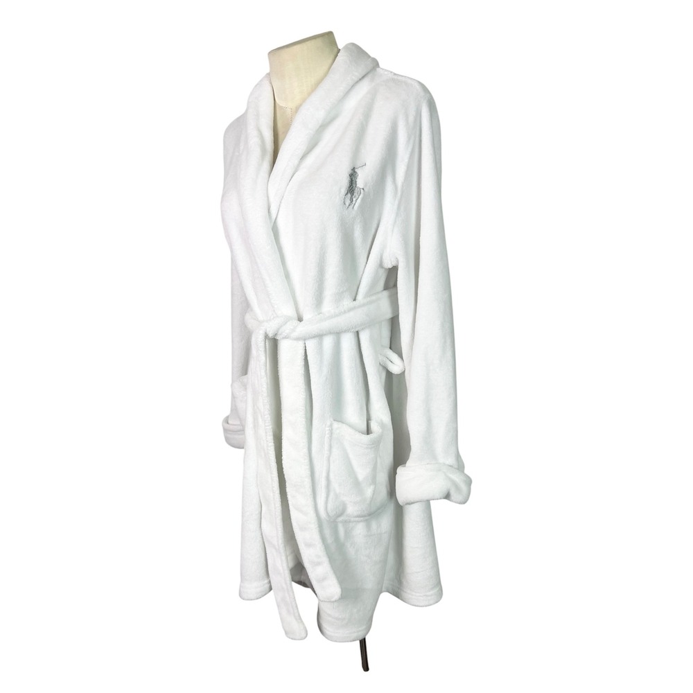 Polo Ralph Lauren White Plush Fleece Robe Silver Pony Logo PL40031 Womens Medium